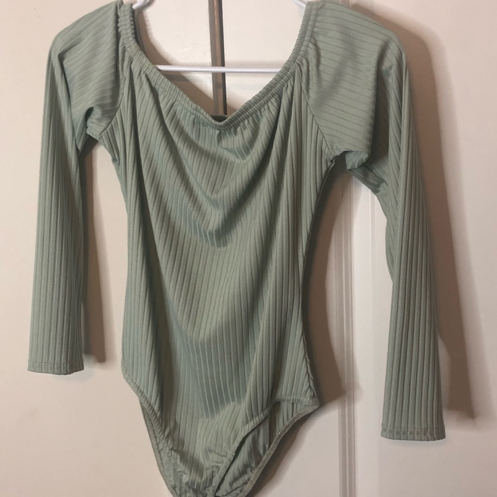 Teal/striped long sleeve|off shoulder body suit